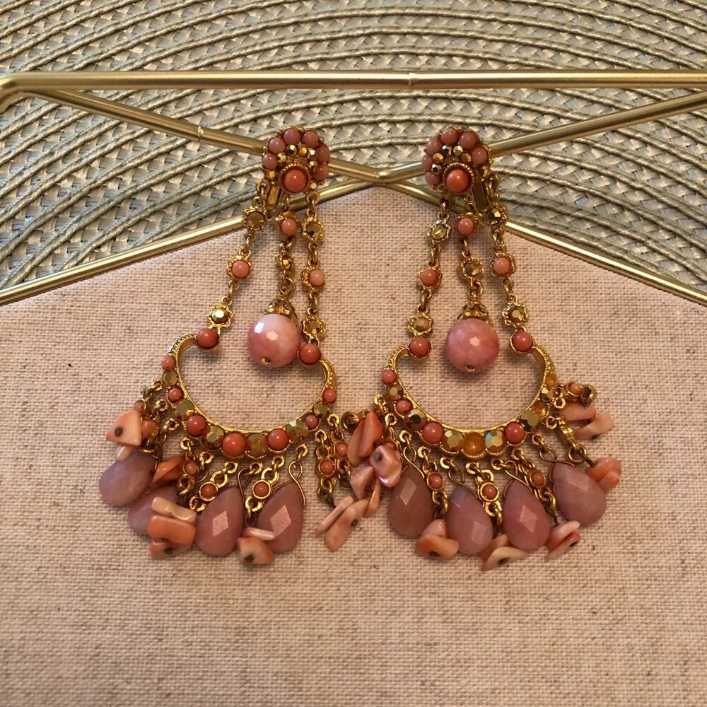 Coral and Shell Chandelier Clip On Earrings